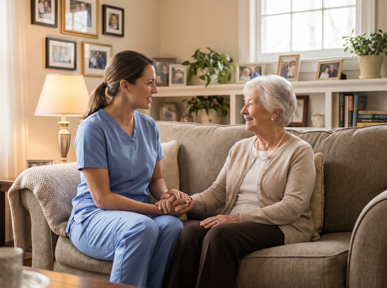 A caregiver helping a smiling senior with an activity