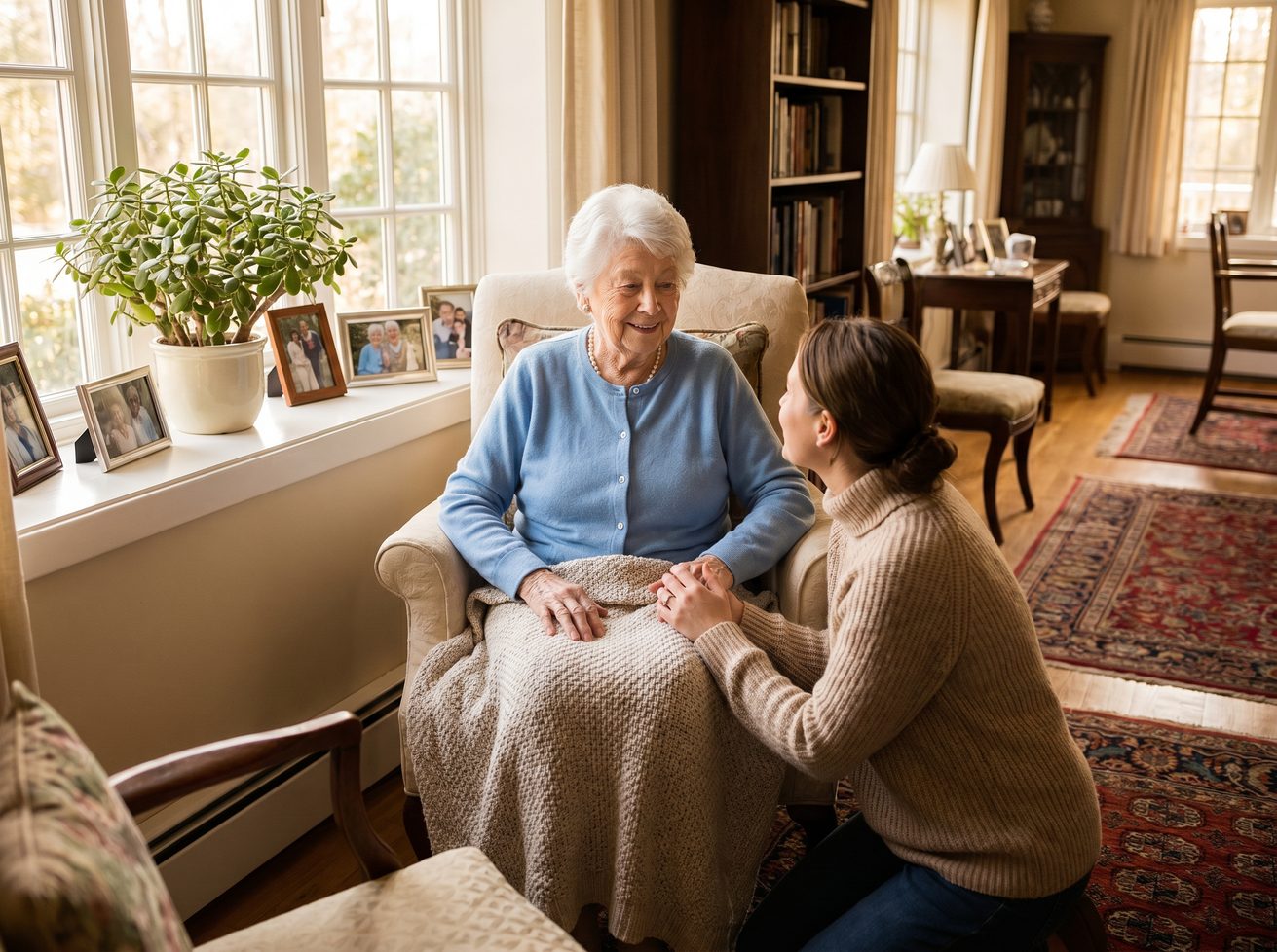 A caregiver bringing tea to a couple relaxing by the window