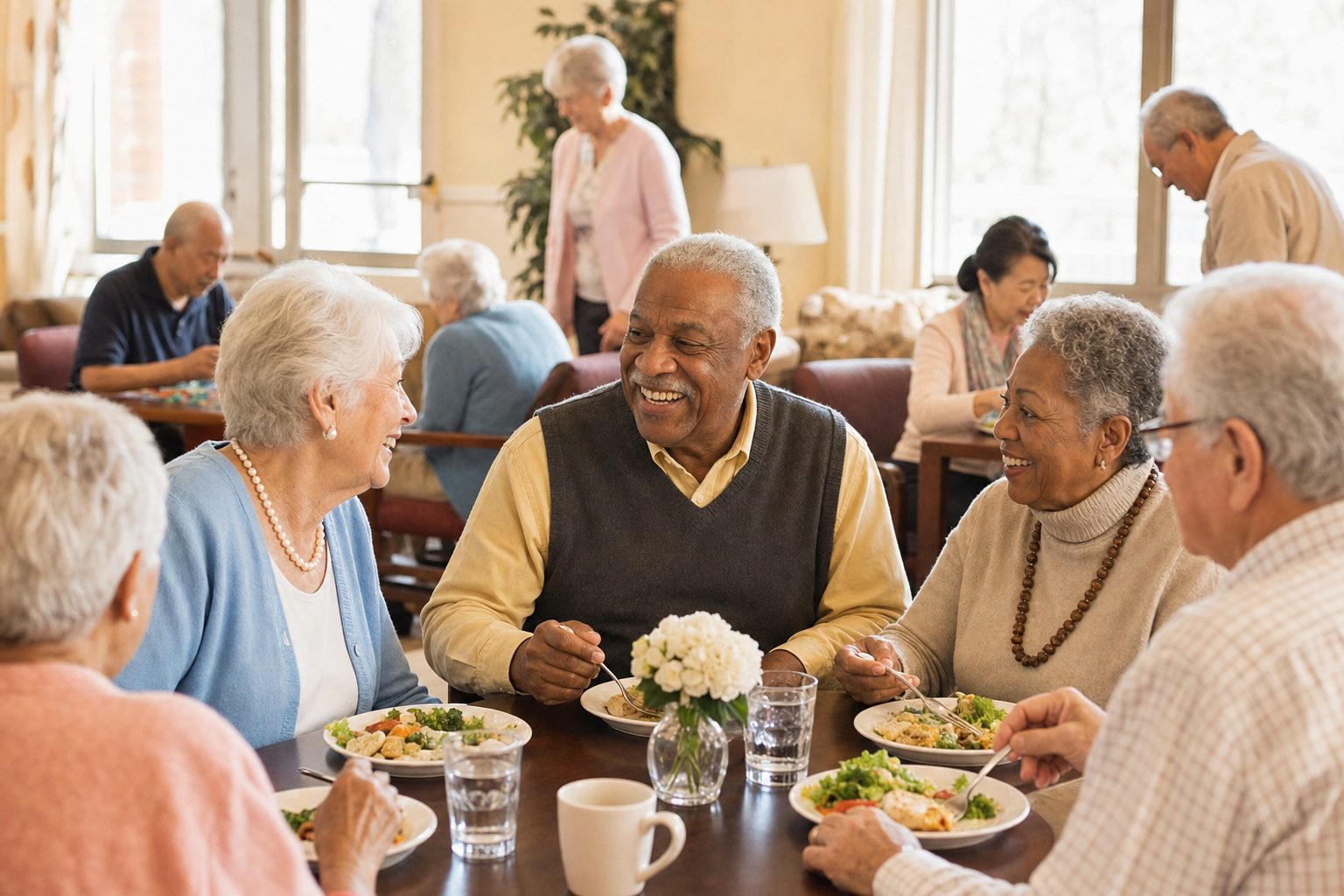 Seniors sharing a meal and conversation together in a bright, welcoming community room