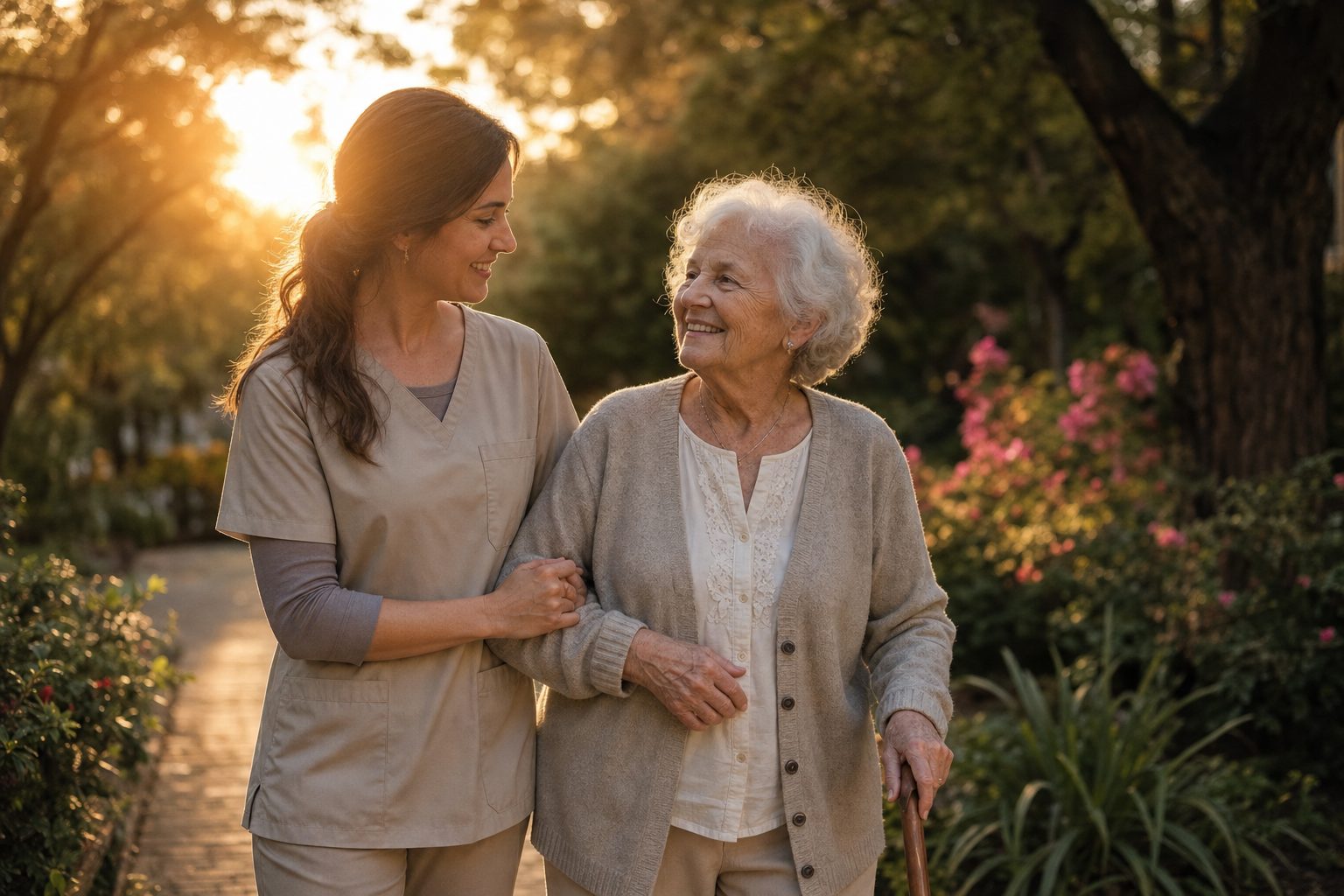 A caregiver walking arm in arm with a smiling senior woman through a sunlit garden